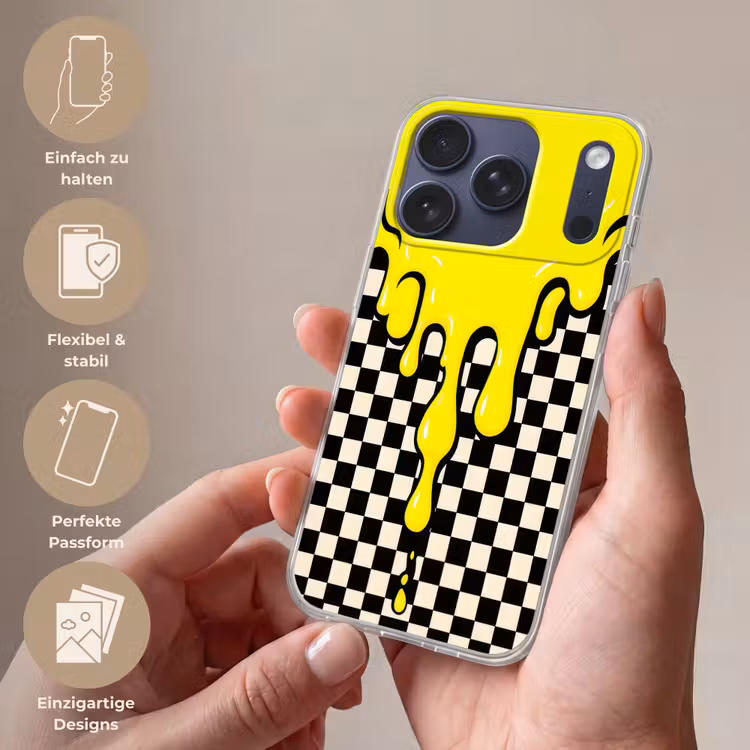 Geblokt - Grafisch - Vloeistof - Geel Telefoonhoesje iPhone 17 Pro klein -sfeer3_DE