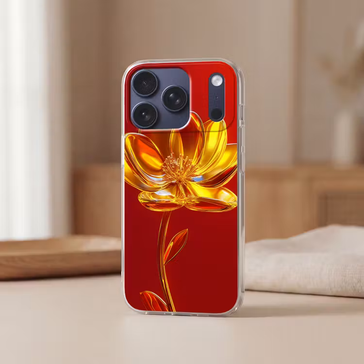 Bloem - Goud - Glazen Telefoonhoesje iPhone 17 Pro klein -sfeer2