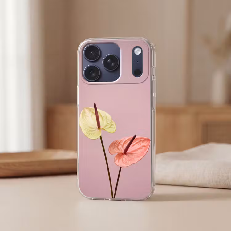 Bloemen - Anthuriums - Geel - Roze Telefoonhoesje iPhone 17 Pro klein -sfeer2