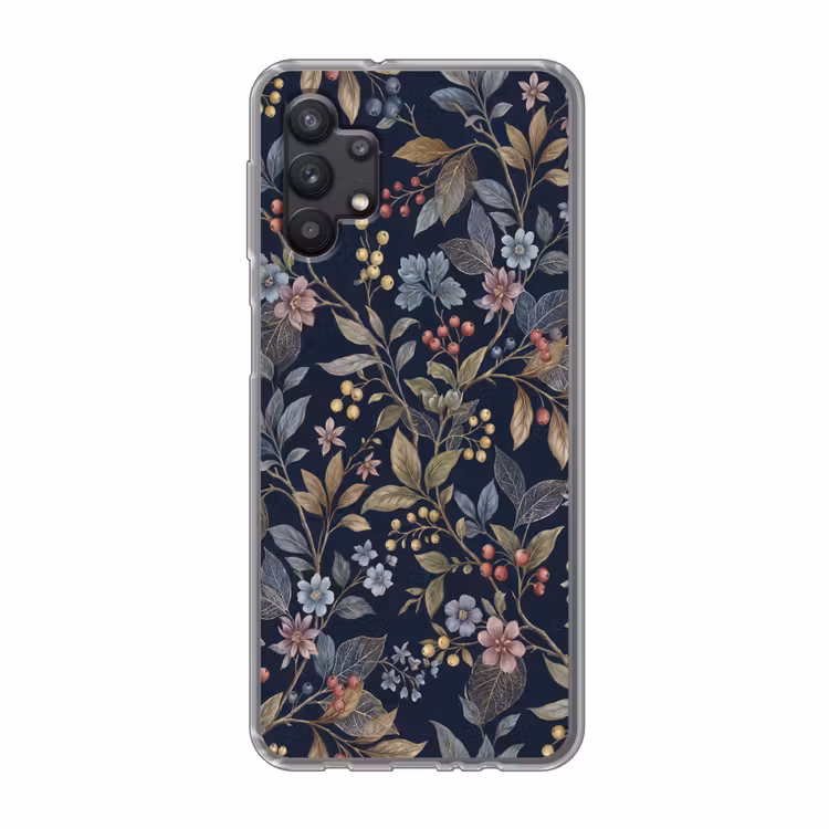 Bloemen - Bladeren - Patroon - Botanisch - Donkerblauw Telefoonhoesje Samsung Galaxy A32 5G klein -3d