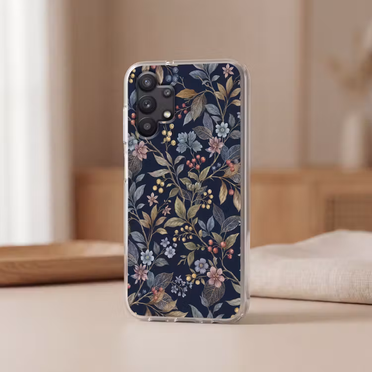 Bloemen - Bladeren - Patroon - Botanisch - Donkerblauw Telefoonhoesje Samsung Galaxy A32 5G klein -sfeer2