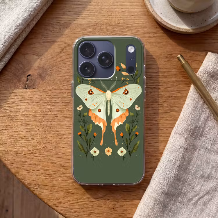 Bloemen - Bladeren - Olijfgroen - Vlinder Telefoonhoesje iPhone 17 Pro klein -sfeer1