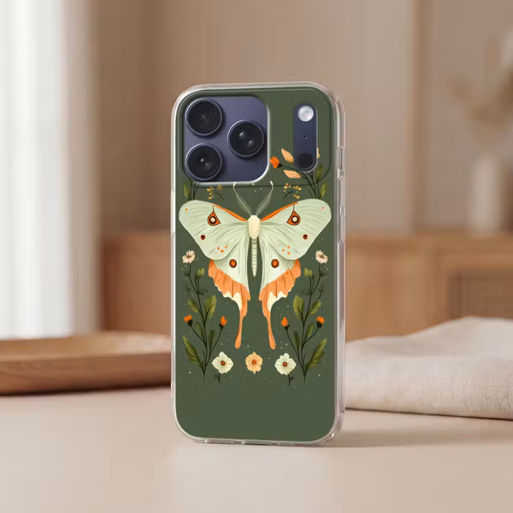 Bloemen - Bladeren - Olijfgroen - Vlinder Telefoonhoesje iPhone 17 Pro klein -sfeer2