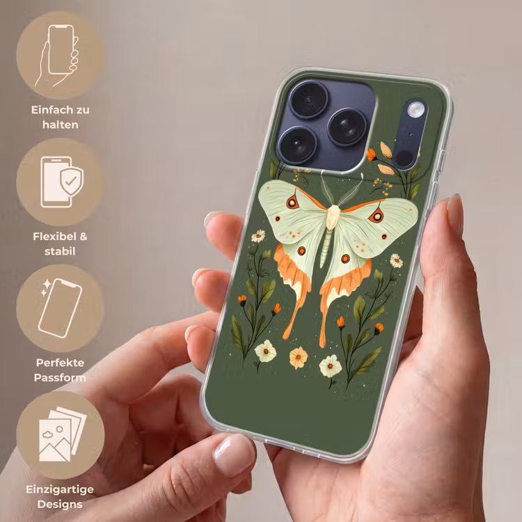 Bloemen - Bladeren - Olijfgroen - Vlinder Telefoonhoesje iPhone 17 Pro klein -sfeer3_DE