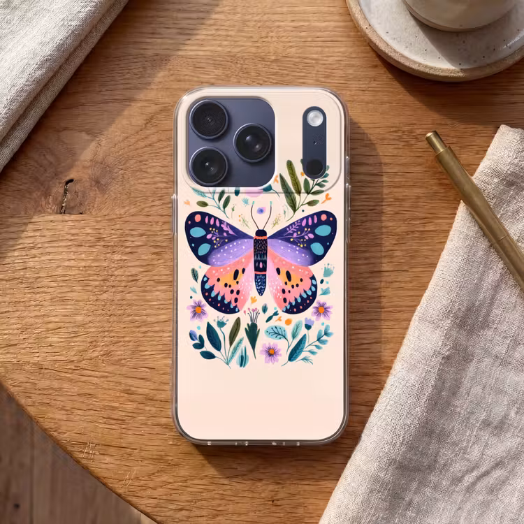 Bloemen - Bladeren - Vlinder - Kleurrijk Telefoonhoesje iPhone 17 Pro klein -sfeer1