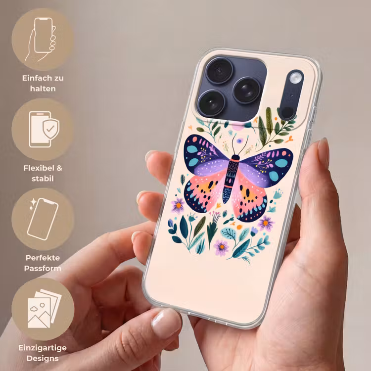 Bloemen - Bladeren - Vlinder - Kleurrijk Telefoonhoesje iPhone 17 Pro klein -sfeer3_DE