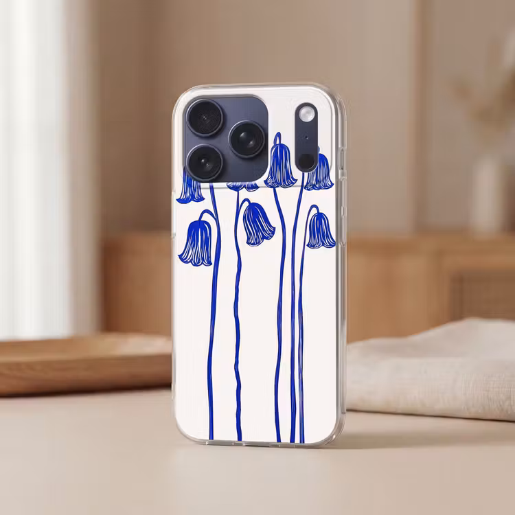 Bloemen - Blauw - Lijnen - Bloemblaadjes Telefoonhoesje iPhone 17 Pro klein -sfeer2