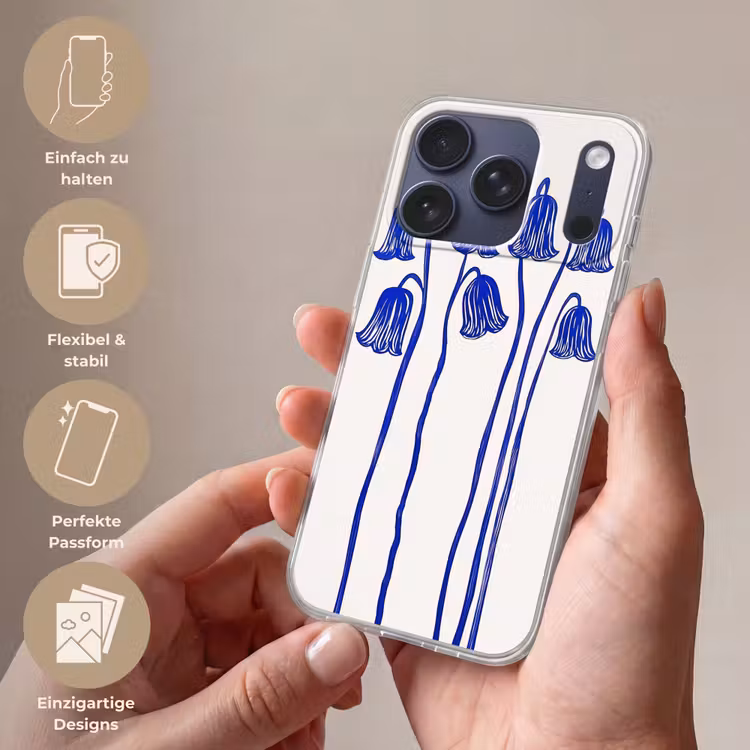 Bloemen - Blauw - Lijnen - Bloemblaadjes Telefoonhoesje iPhone 17 Pro klein -sfeer3_DE