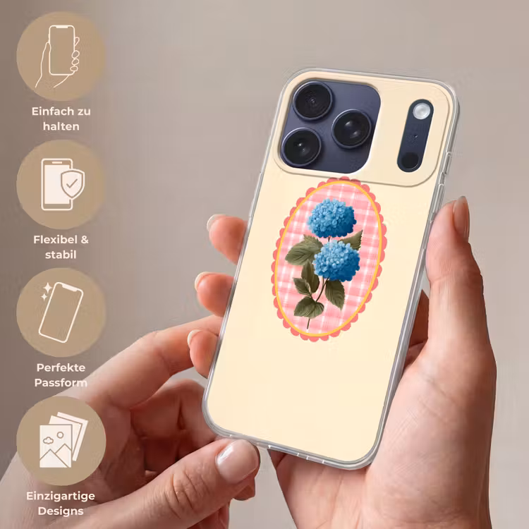 Bloemen - Blauw - Lijst - Bladeren Telefoonhoesje iPhone 17 Pro klein -sfeer3_DE