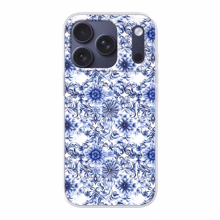 Bloemen - Blauw - Patroon - Wit Telefoonhoesje iPhone 17 Pro klein 878 -3d