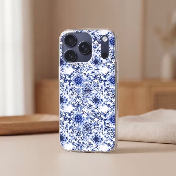 Bloemen - Blauw - Patroon - Wit Telefoonhoesje iPhone 17 Pro klein 878 -sfeer2