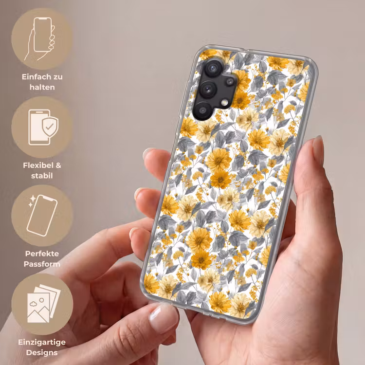 Bloemen - Botanisch - Elegant - Okergeel - Grijs Telefoonhoesje Samsung Galaxy A32 5G klein 346 -sfeer3_DE