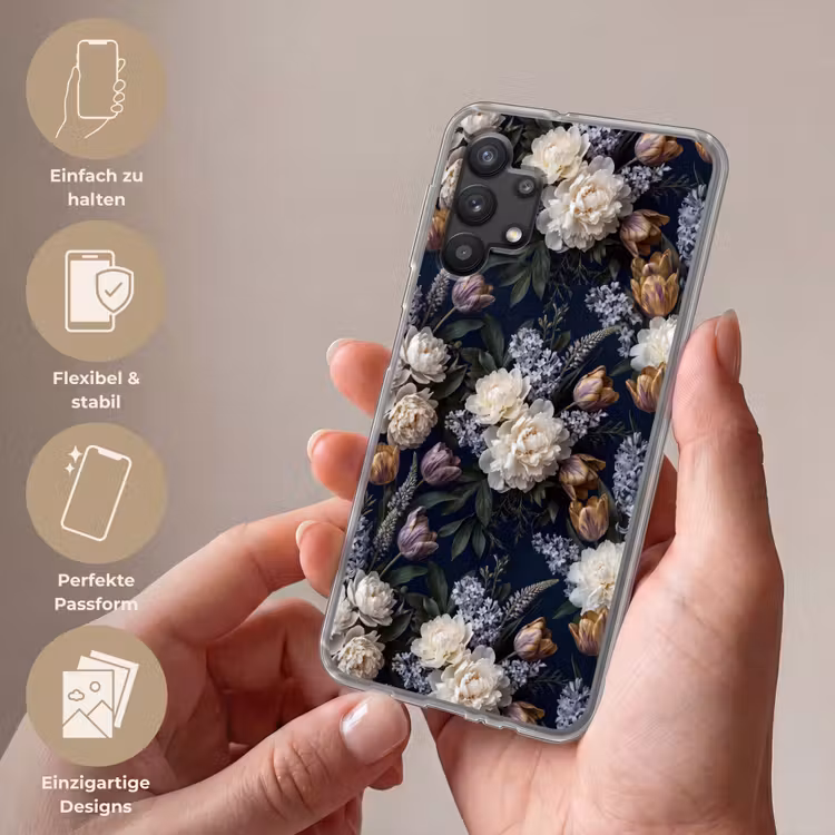 Bloemen - Donker - Elegant - Natuur - Wit Telefoonhoesje Samsung Galaxy A32 5G klein -sfeer3_DE