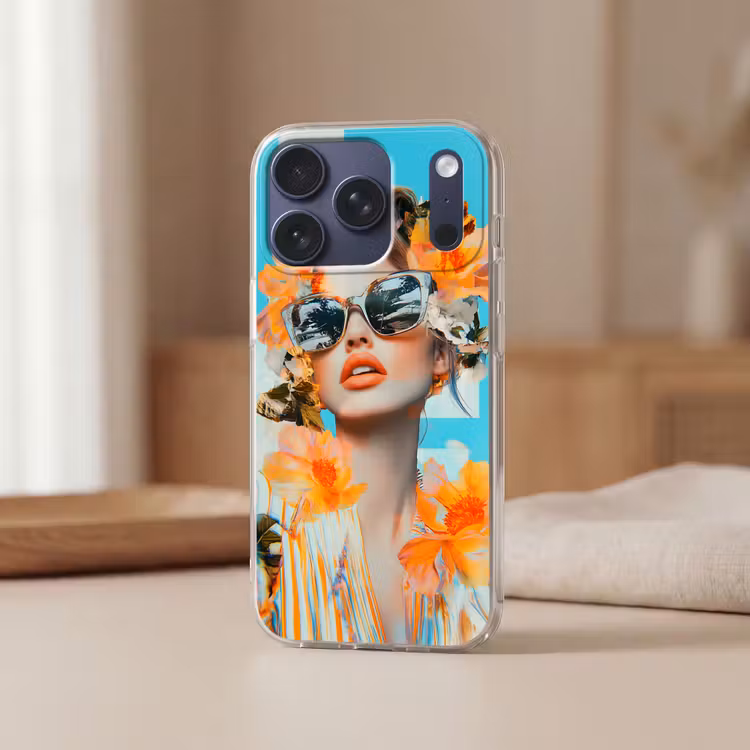 Bloemen - Vrouw - Zonnebril - Blauw Telefoonhoesje iPhone 17 Pro klein -sfeer2
