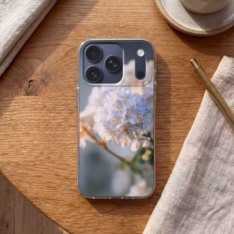 Bloemen - Lichtblauw - Wazig - Trosje Telefoonhoesje iPhone 17 Pro klein -sfeer1