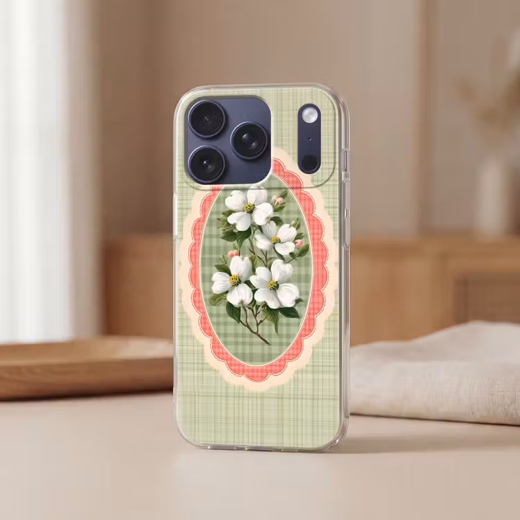 Bloemen - Illustratie - Geruit - Groen Telefoonhoesje iPhone 17 Pro klein -sfeer2