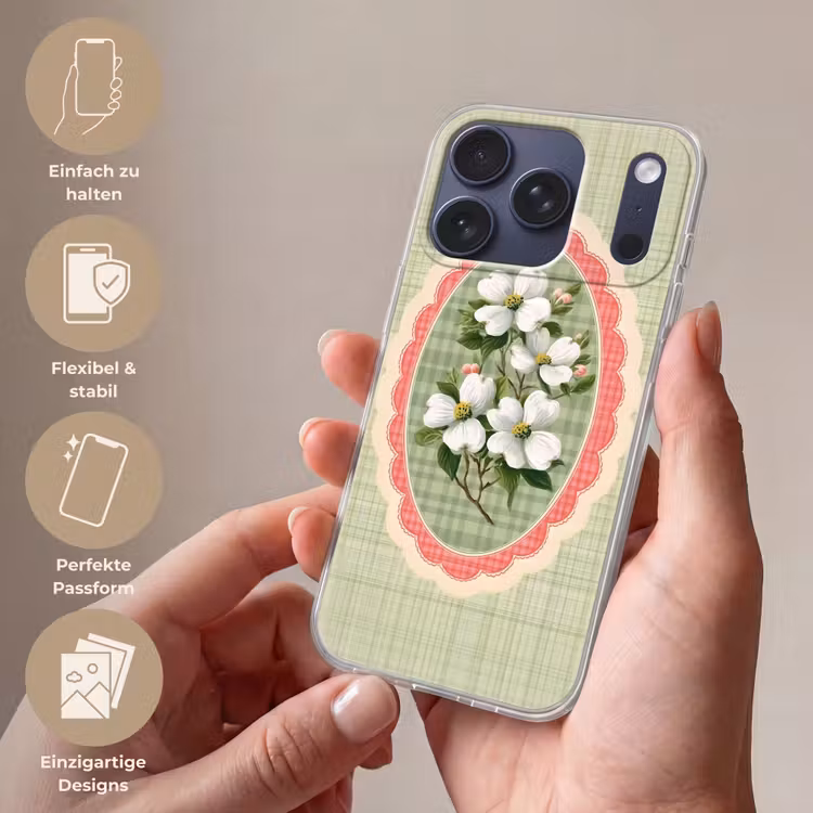 Bloemen - Illustratie - Geruit - Groen Telefoonhoesje iPhone 17 Pro klein -sfeer3_DE