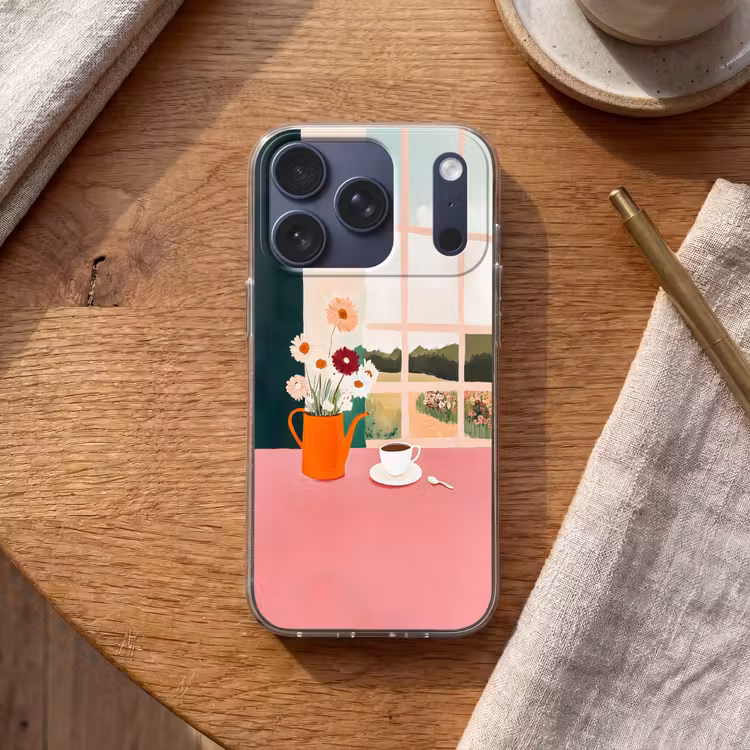 Bloemen - Koffie - Raam Telefoonhoesje iPhone 17 Pro klein -sfeer1