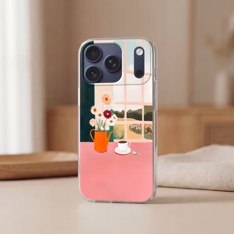 Bloemen - Koffie - Raam Telefoonhoesje iPhone 17 Pro klein -sfeer2