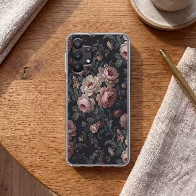 Bloemen - Patroon - Sierlijk - Roze - Donker Telefoonhoesje Samsung Galaxy A32 5G klein -sfeer1