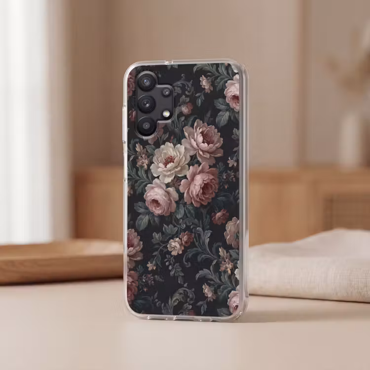 Bloemen - Patroon - Sierlijk - Roze - Donker Telefoonhoesje Samsung Galaxy A32 5G klein -sfeer2
