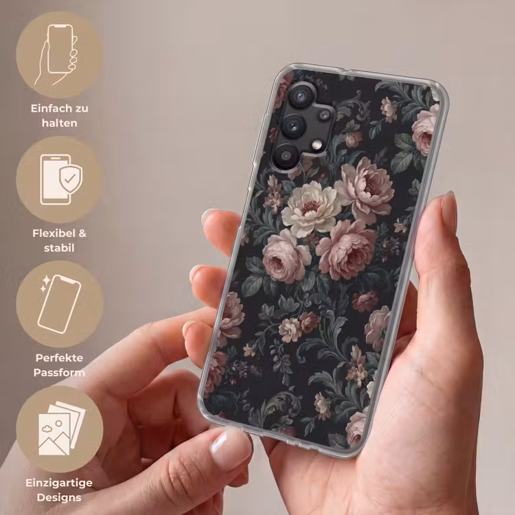 Bloemen - Patroon - Sierlijk - Roze - Donker Telefoonhoesje Samsung Galaxy A32 5G klein -sfeer3_DE