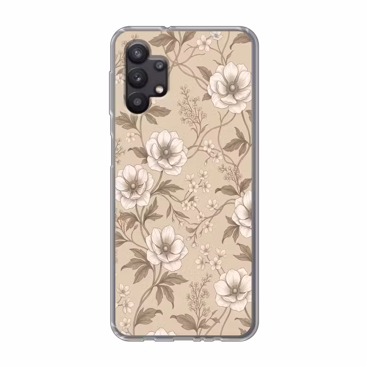 Bloemen - Patroon - Beige Telefoonhoesje Samsung Galaxy A32 5G klein -3d