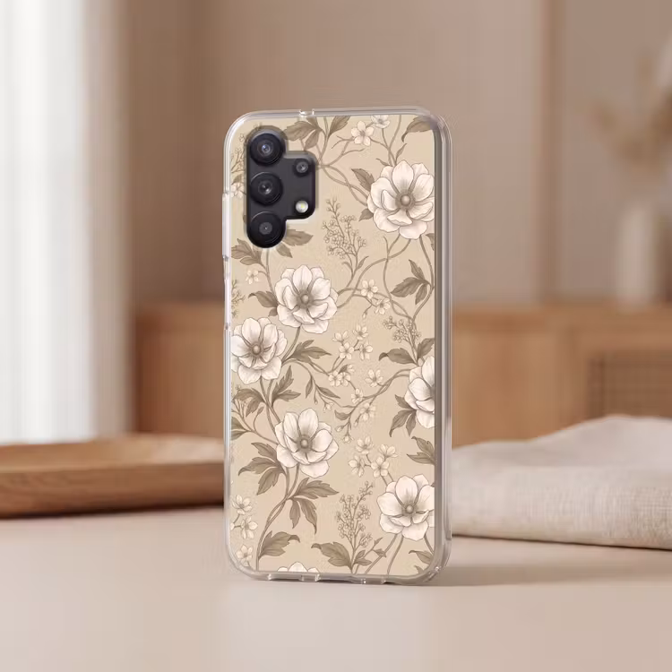 Bloemen - Patroon - Beige Telefoonhoesje Samsung Galaxy A32 5G klein -sfeer2