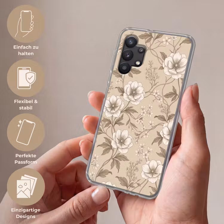 Bloemen - Patroon - Beige Telefoonhoesje Samsung Galaxy A32 5G klein -sfeer3_DE