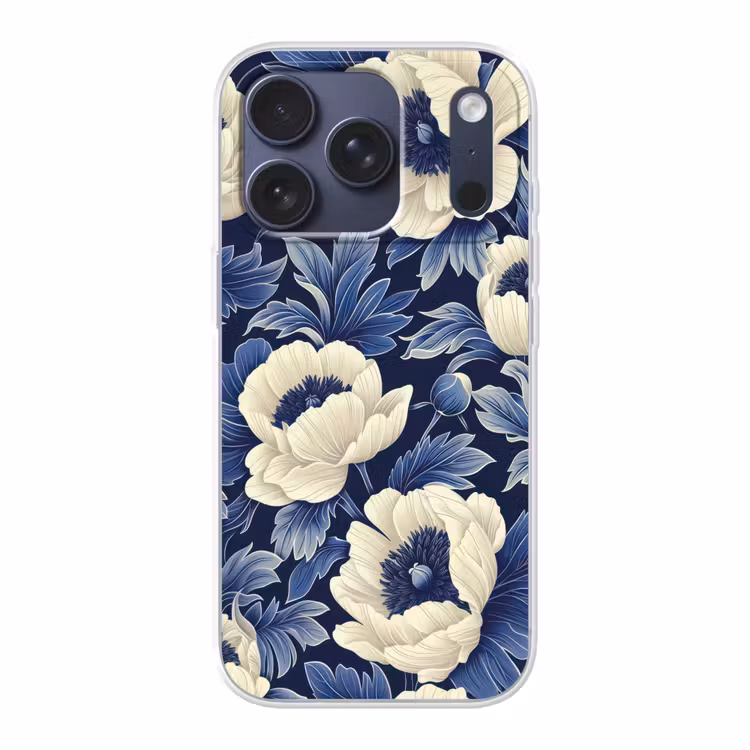 Bloemen - Patroon - Blauw - Wit Telefoonhoesje iPhone 17 Pro klein -3d