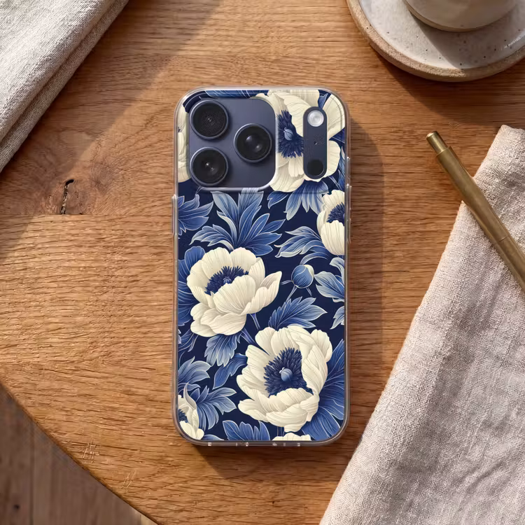 Bloemen - Patroon - Blauw - Wit Telefoonhoesje iPhone 17 Pro klein -sfeer1