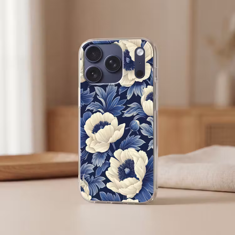 Bloemen - Patroon - Blauw - Wit Telefoonhoesje iPhone 17 Pro klein -sfeer2