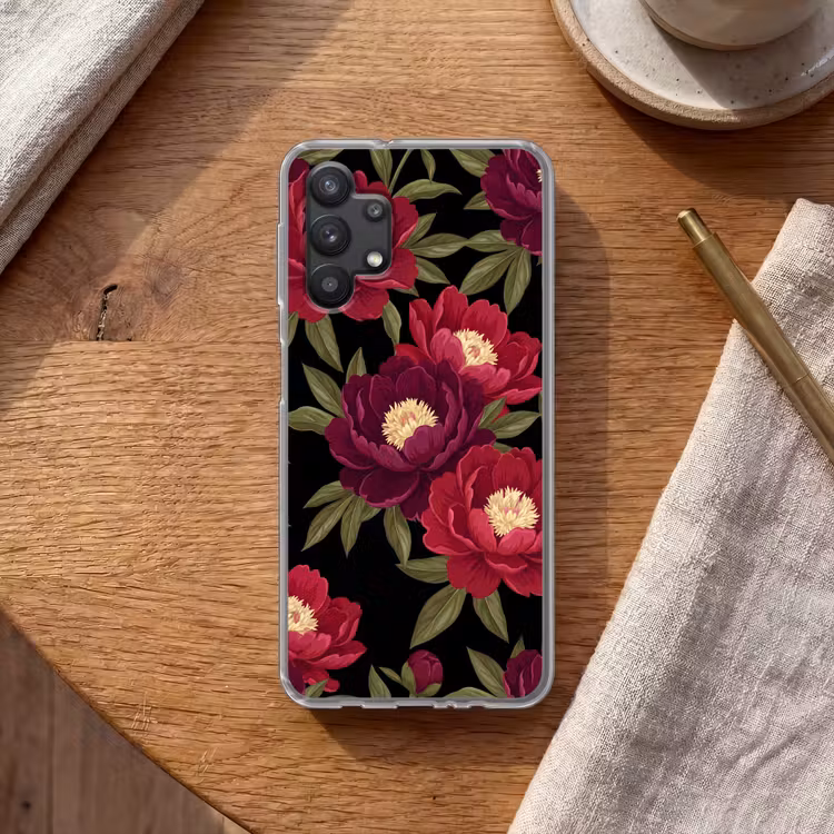 Bloemen - Patroon - Botanisch - Rood - Zwart Telefoonhoesje Samsung Galaxy A32 5G klein -sfeer1