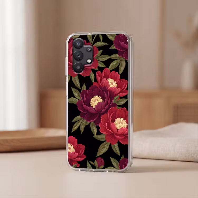 Bloemen - Patroon - Botanisch - Rood - Zwart Telefoonhoesje Samsung Galaxy A32 5G klein -sfeer2