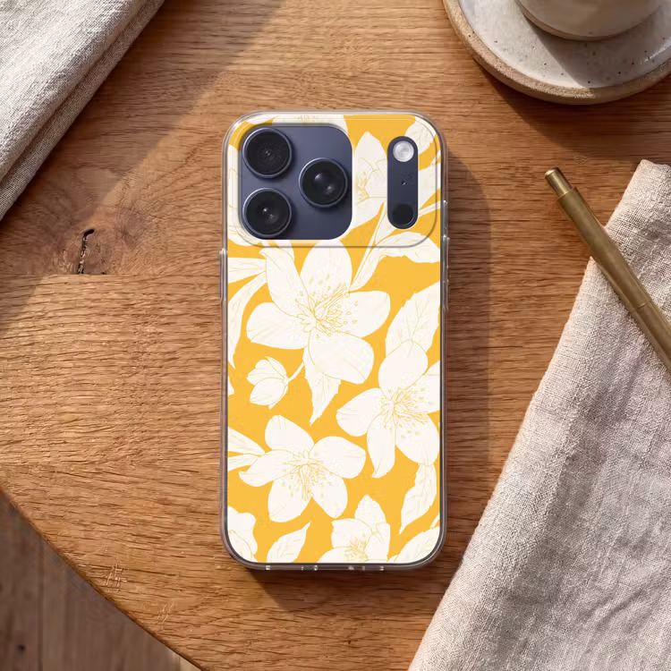 Bloemen - Patroon - Geel - Wit Telefoonhoesje iPhone 17 Pro klein -sfeer1