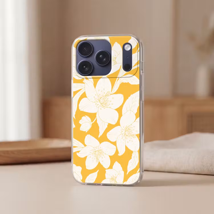 Bloemen - Patroon - Geel - Wit Telefoonhoesje iPhone 17 Pro klein -sfeer2