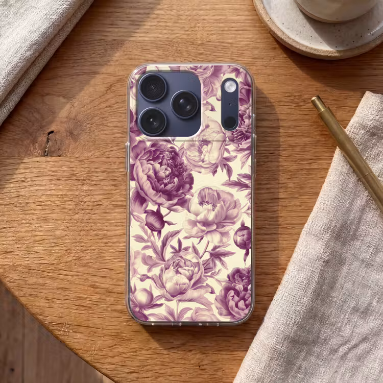 Bloemen - Patroon - Paars - Beige Telefoonhoesje iPhone 17 Pro klein -sfeer1