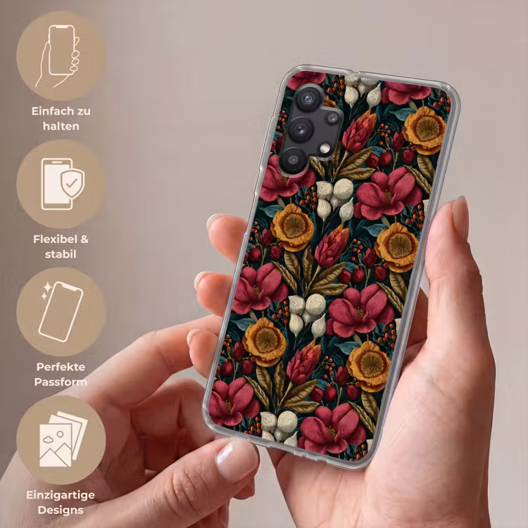 Bloemen - Patroon - Rood - Goud Telefoonhoesje Samsung Galaxy A32 5G klein 346 -sfeer3_DE