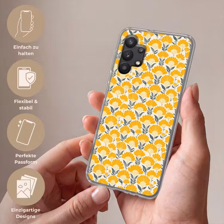 Bloemen - Retro - Botanisch - Okergeel - Grijs Telefoonhoesje Samsung Galaxy A32 5G klein 346 -sfeer3_DE
