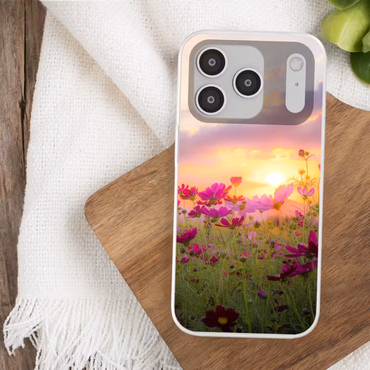 Bloemen - Roze - Zonsondergang - Natuur - Weide - Horizon Telefoonhoesje iPhone 17 Pro klein -sfeer1
