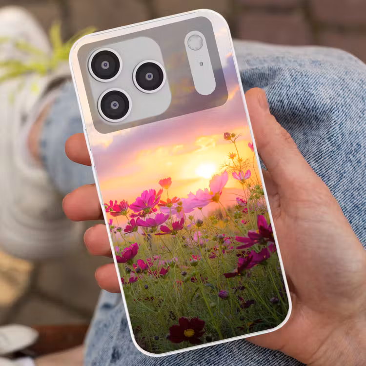 Bloemen - Roze - Zonsondergang - Natuur - Weide - Horizon Telefoonhoesje iPhone 17 Pro klein -sfeer2