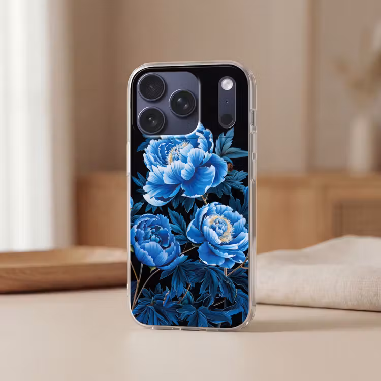 Bloemen - Zwart - Blauw - Modern Telefoonhoesje iPhone 17 Pro klein -sfeer2