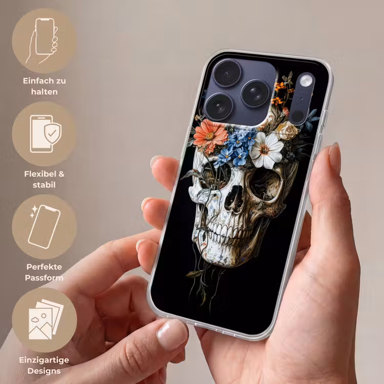 Bloemen - Schedel - Kleurrijk Telefoonhoesje iPhone 17 Pro klein -sfeer3_DE