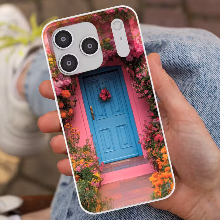 Bloemen - Deur - Roze Telefoonhoesje iPhone 17 Pro klein -sfeer2