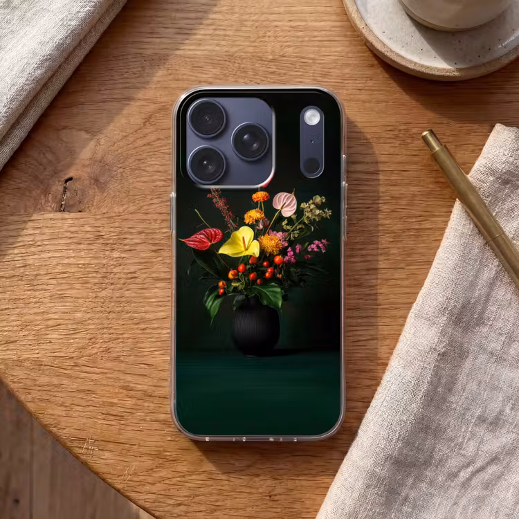 Bloemen - Vaas - Zwart Telefoonhoesje iPhone 17 Pro klein -sfeer1