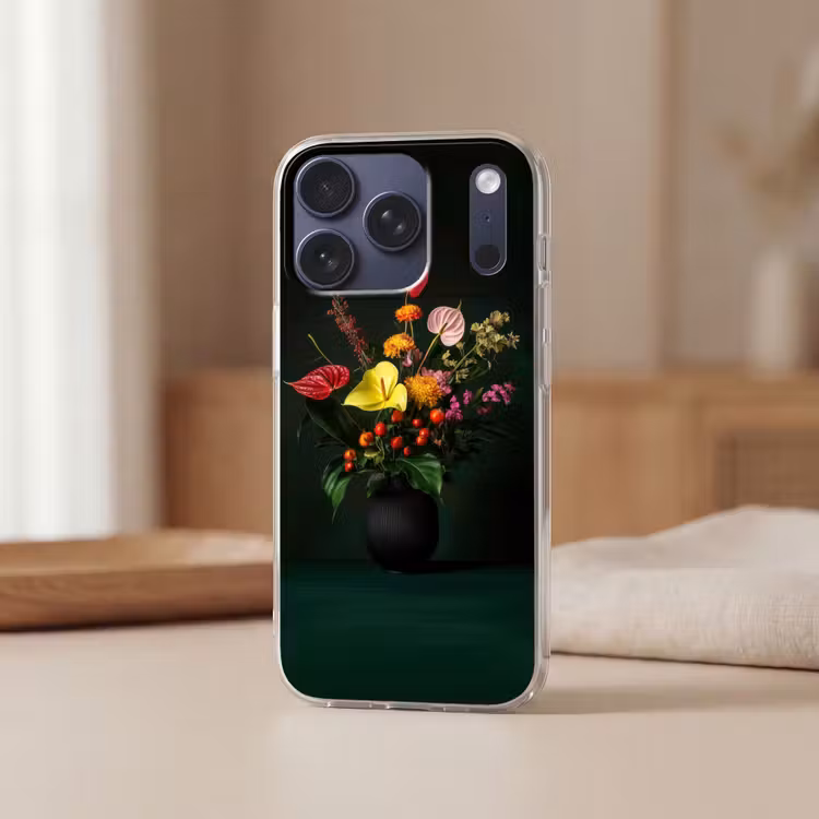 Bloemen - Vaas - Zwart Telefoonhoesje iPhone 17 Pro klein -sfeer2