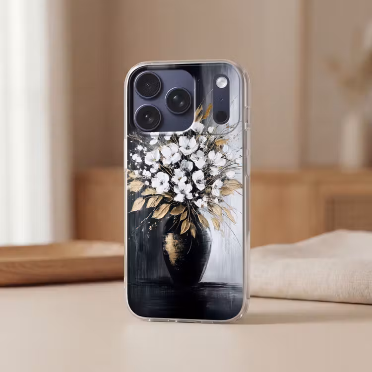 Bloemen - Wit - Vaas - Abstract Telefoonhoesje iPhone 17 Pro klein -sfeer2