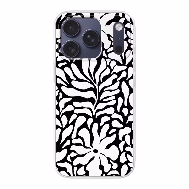 Bloemen print - Zwart - Wit - Bladeren Telefoonhoesje iPhone 17 Pro klein -3d