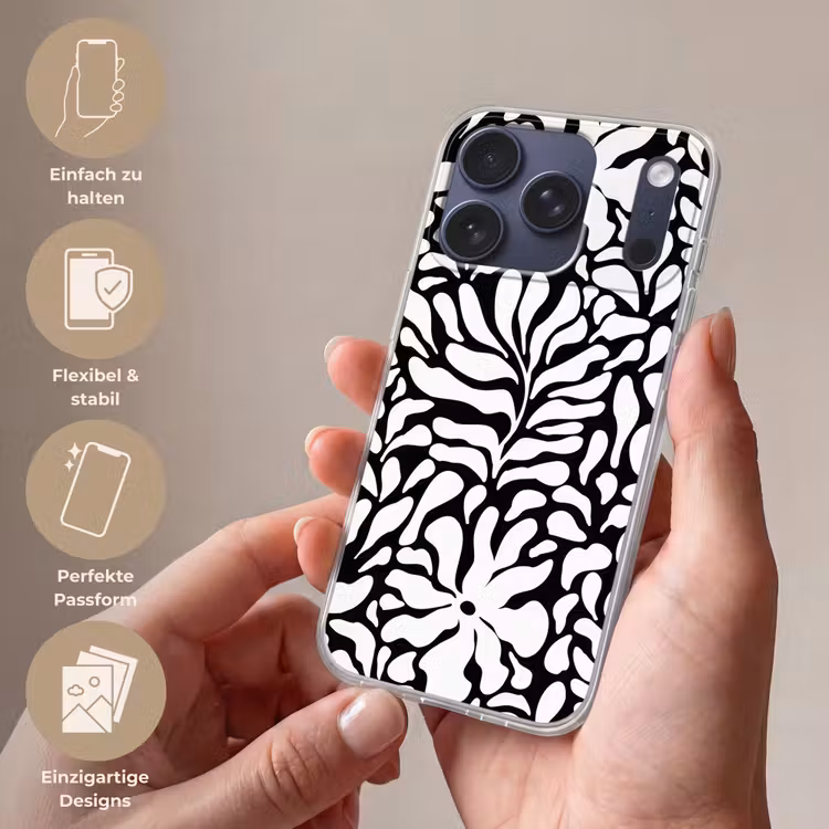 Bloemen print - Zwart - Wit - Bladeren Telefoonhoesje iPhone 17 Pro klein -sfeer3_DE