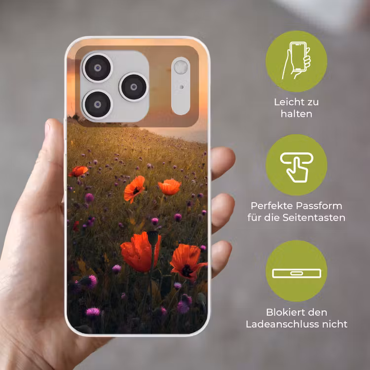 Bloemenveld - Gras - Bloemen - Planten - Zonsondergang - Oranje Telefoonhoesje iPhone 17 Pro klein -sfeer3_DE